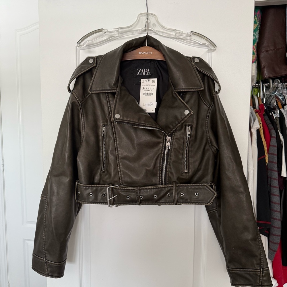 Zara Women's Dark Charcoal Belted Leather Jacket